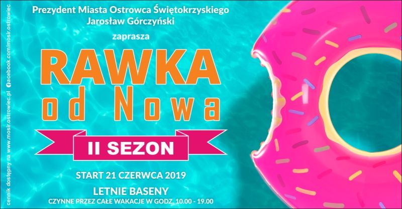 Plakat promujący nowy sezon na basenach zewnętrznych RawkaOdNowa