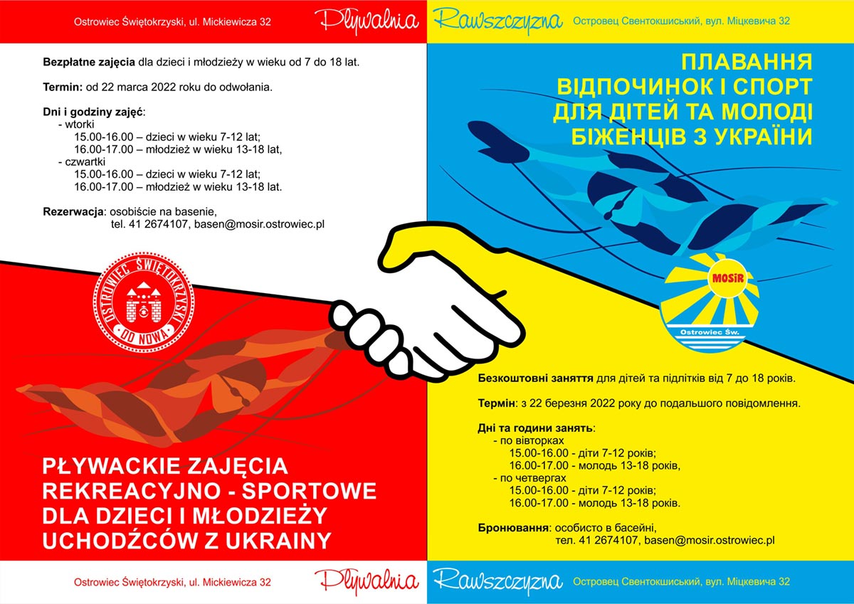 Plakat promujący zajęcia pływania w dwóch językach - po polsku i ukraińsku