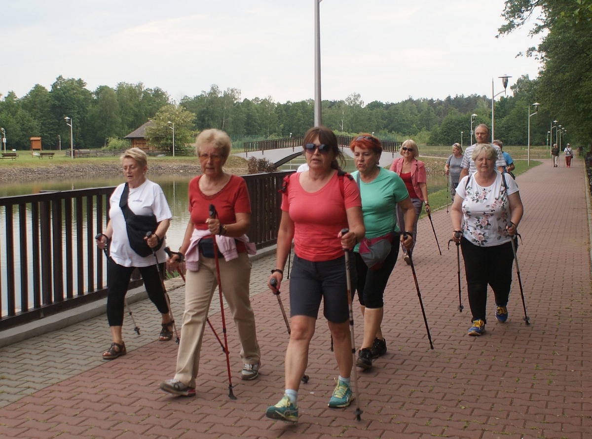 Grupa seniorów podczas aktywności nordic walking