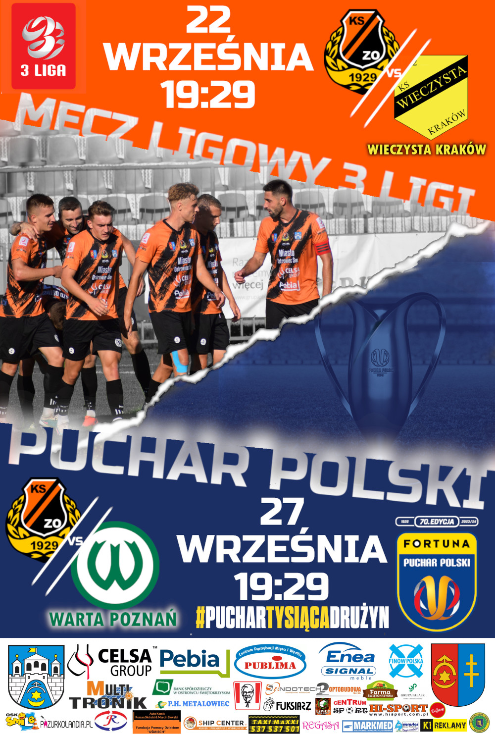 Plakat promujący mecz ligowy z Wieczystą Kraków i mecz Pucharu Polski z Wartą Poznań.